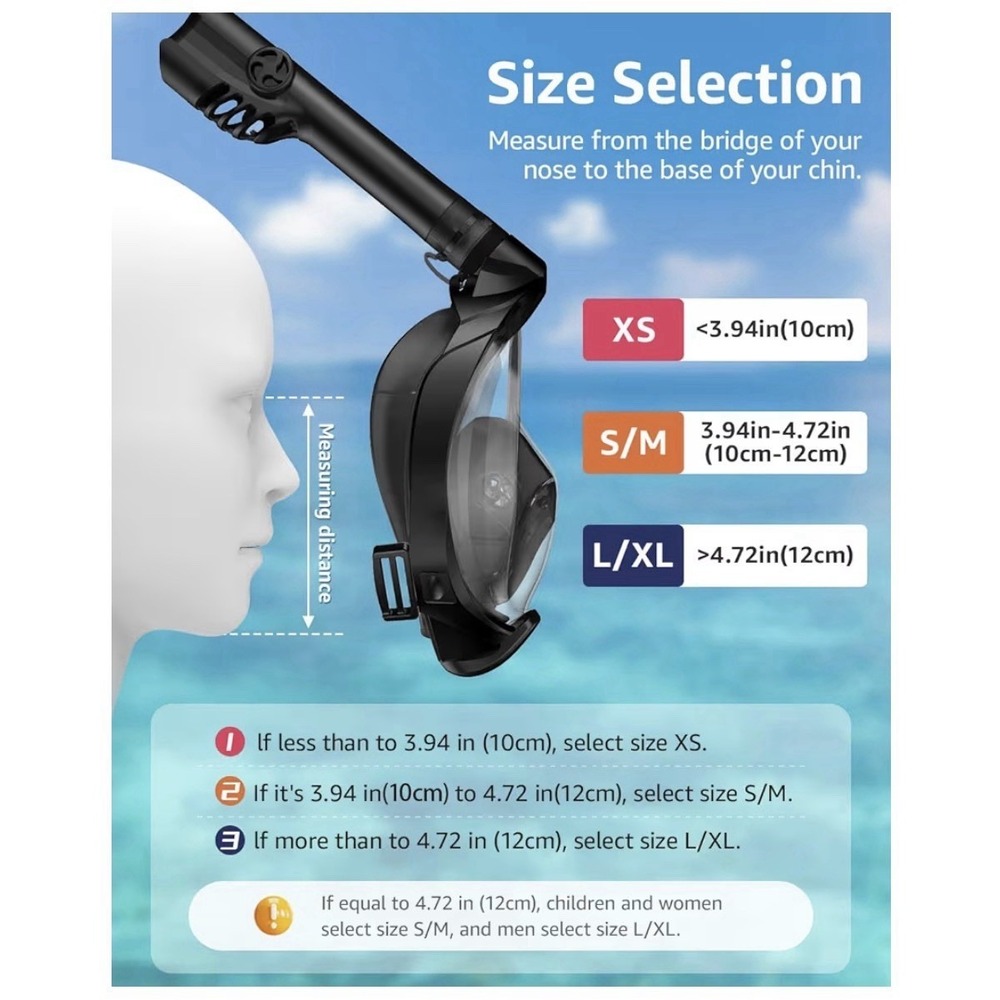 WSTOO Full Face Snorkel Mask Adult Black 180° View Dry Top Anti-Fog Camera Mount - Picture 14 of 14